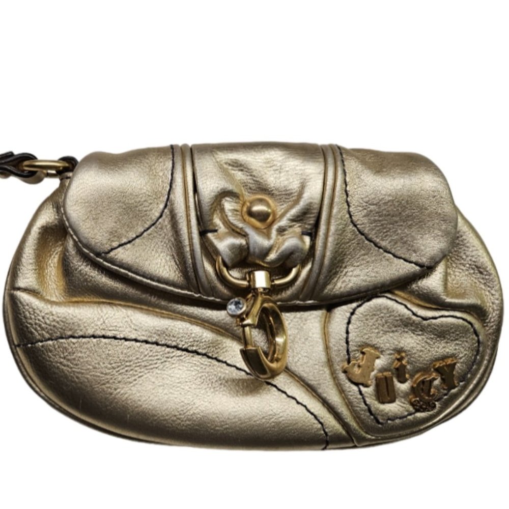 JUICY COUTURE Vintage Y2K Leather Wristlet Clutch  – Gold Metallic (EUC)